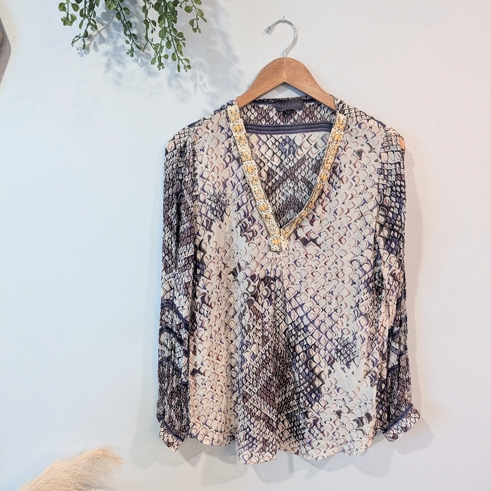 Hale Bob Snake Print V-Neck Blouse in Cream and Black And Yellow Beading Sz S